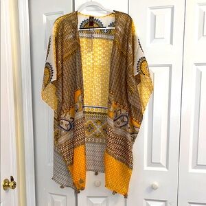 Raj Open Front Kimono With Tassels Yellow White Tan Blue One Size Fits All!